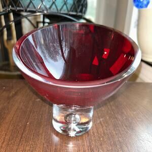 Glass Art Candy Bowl Bombay Company Red Top Clear Pedestal Vintage Poland
